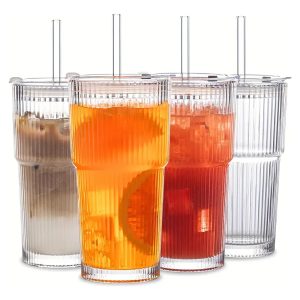 Pack De 2 Vaso De Vidrio Vintage De 20oz Con Tapa Y Sorbete