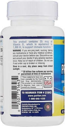 Probiótico 10 Con Vitamina D Para Ayudar A Apoyar La Salud Del Sistema Inmunológico*, 60 Unidades, Por Puritan's Pride Sin Sabor - Image 3