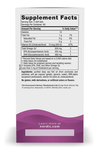 Nordic Naturals | Prenatal Dha | 830mg/400i.u | 180 Softge Sabor Sin Sabor - Image 4