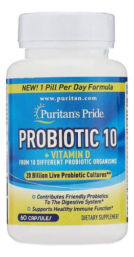 Probiótico 10 Con Vitamina D Para Ayudar A Apoyar La Salud Del Sistema Inmunológico*, 60 Unidades, Por Puritan's Pride Sin Sabor
