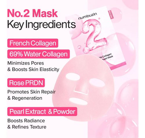 Numbuzin Rose Pdrn Collagen Plumping Sheet Mask (10ea) - Imagen 6